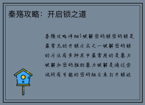 秦殇攻略:开启锁之道